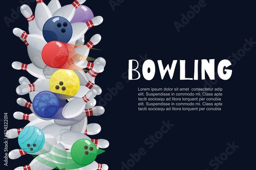 Bowling colorful balls crashing into the white glossy skittles vector illustration. Sport bowling theme poster or banner with typography and black background. Bowling sportive club.