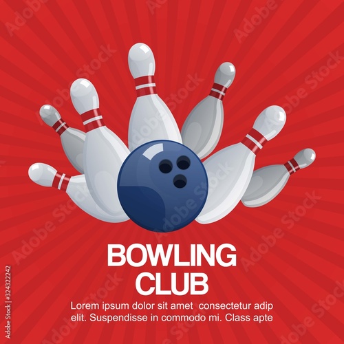 Bowling club on retro red background vector poster illustration. Ball crashing into the white glossy skittles. Sport bowling theme poster with typography. Bowling sportive games club.