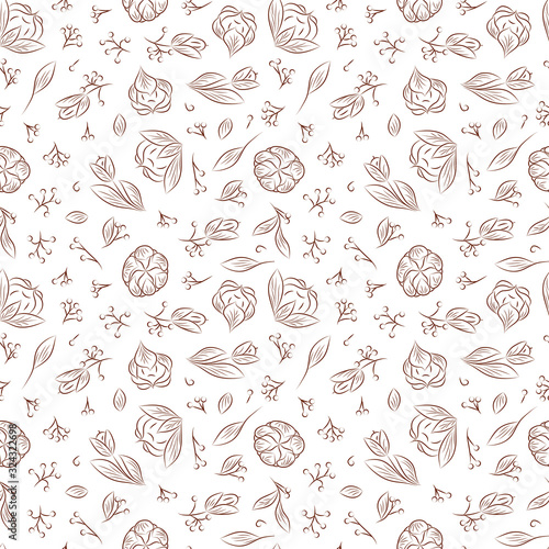 Vintage floral background. Flowers, leaves, seeds, buds, sprigs - Vector Seamless Pattern