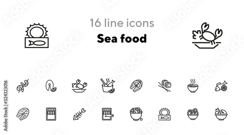Sea food line icon set. Set of line icons on white background. Bowl, fish, sardines. Food concept. Vector illustration can be used for topics like eating, cooling, resting