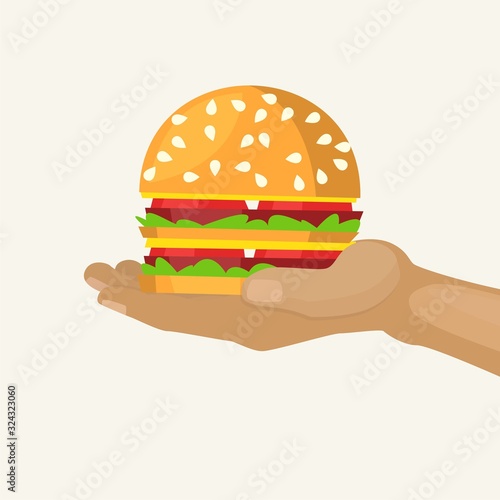 Hand holds burger cartoon vector illustration. Fast food with hamburger isolated on white advertisement. Beefburger street food poster or banner element.