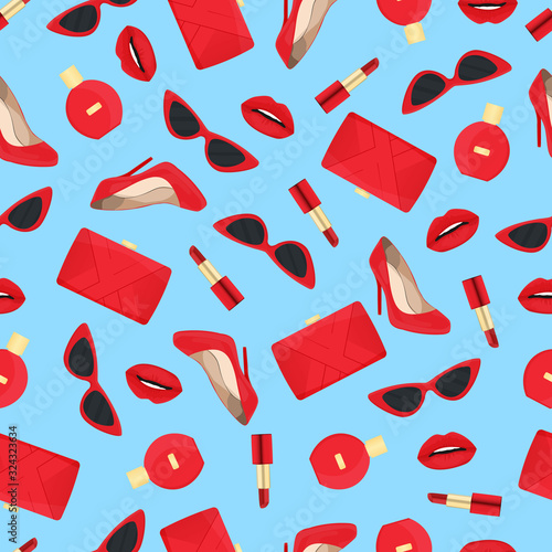 Fashion pattern design with parfume, heels, bags, pomades, lips and sumglasses. Fashion background black and red color. Seamless pattern design