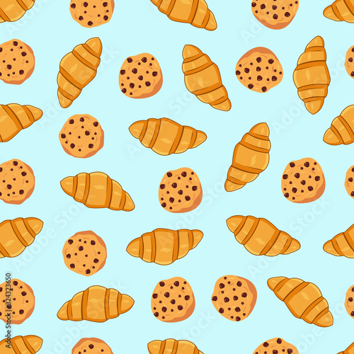 Chocolate chip cokies and croissant pattern design. Pastries background. Seamless pattern