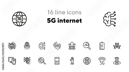 5G internet line icon set. Smartphone, globe, signal analysis. Communication concept. Can be used for topics like technology, connection, telecommunication