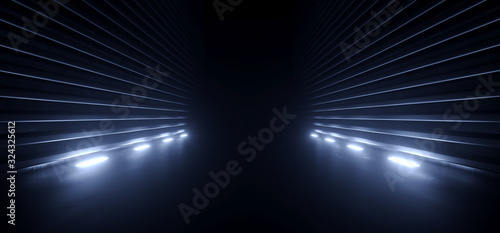 Fototapeta Naklejka Na Ścianę i Meble -  Sci Fi Futuristic Neon Led Glowing Blue Laser Fluorescent Retro Modern Alien Spaceship Corridor Tunnel Metal Cement Concrete Dark Background 3D Rendering