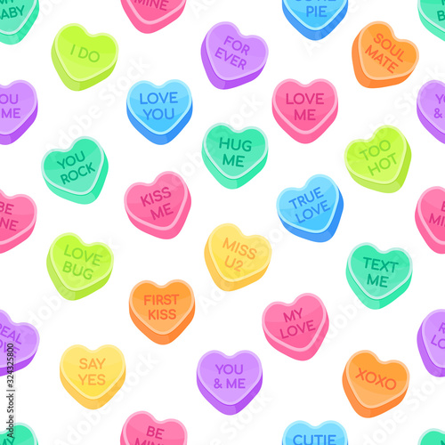 Sweethearts candy set flat style design vector illustration isolated on white background seamless pattern. Sweet heart shape candy with inspiration conversations text candy. Valentine day symbols.