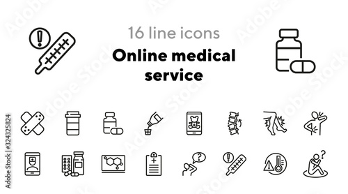 Online medical service line icon set. Drug, syrup, consulting pediatrician. Medicine concept. Can be used for topics like suffering from pain, treatment, cure, disease