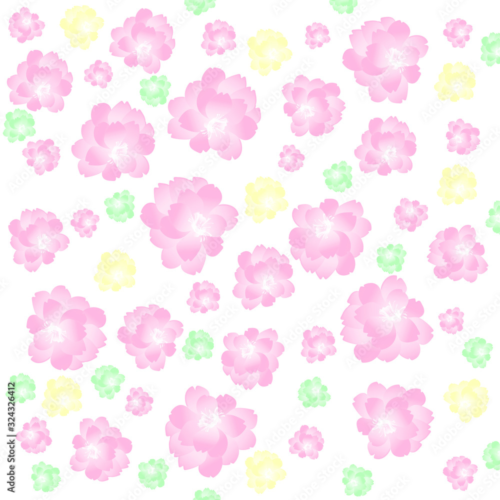 Floral seamless pattern. Female print with small flowers. Green, yellow, pink, purple on white background. Illustration.