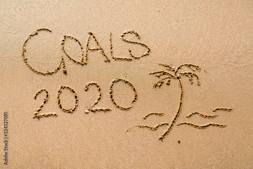 foamy sea water and Inscription Goals 2020 on the sandy beach © Alrandir