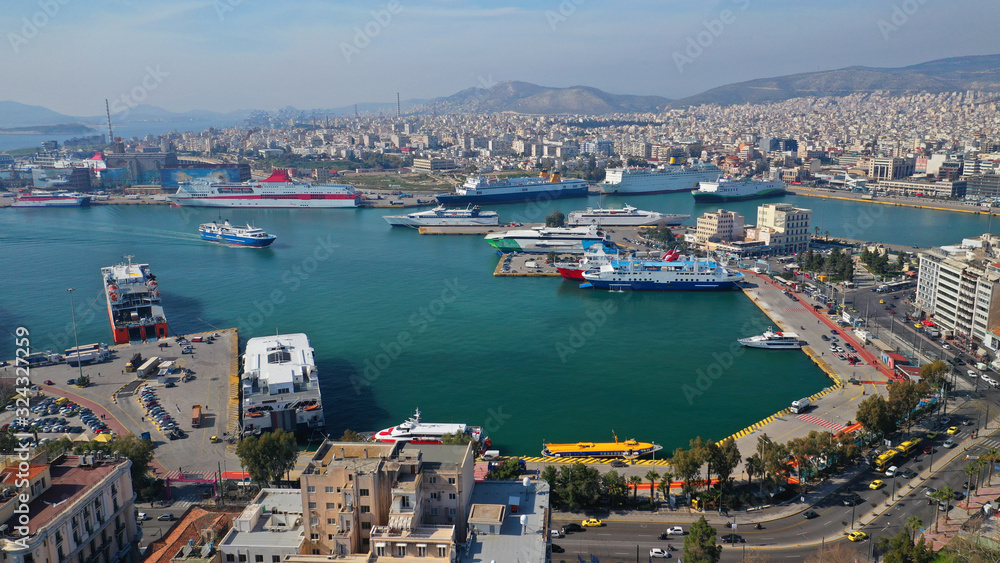 Aerial drone panoramic photo of famous busy port of Piraeus one of the largest in Mediterranean, Attica, Greece