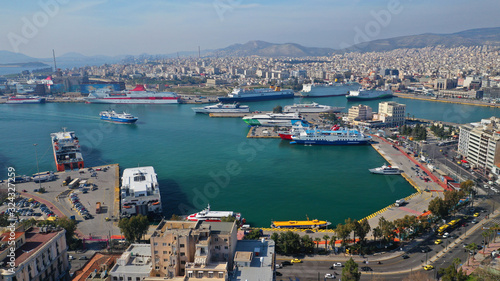 Aerial drone panoramic photo of famous busy port of Piraeus one of the largest in Mediterranean, Attica, Greece