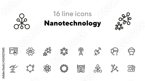 Nanotechnology line icon set. Radar satellite, VR headset, organic molecule. Modern technology concept. Can be used for topics like physics, chemistry, virtual reality