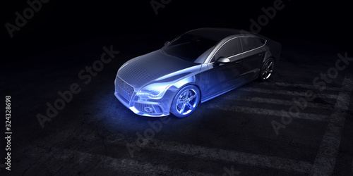 Car with glowing polygon structure. 3D render.