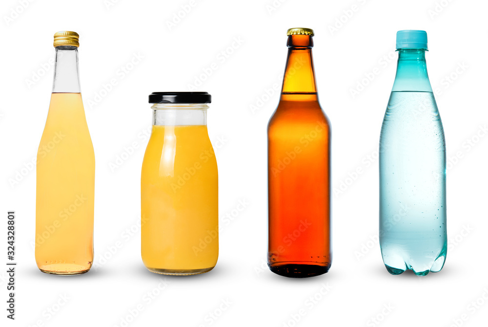 Bottles with different drinks isolated on white. Clipping path. Bottles with different drinks isolated on white. Clipping path.