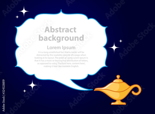 Golden genie oil lamp with white smoke, place for text. Copy space. Flat style. Vector illustration