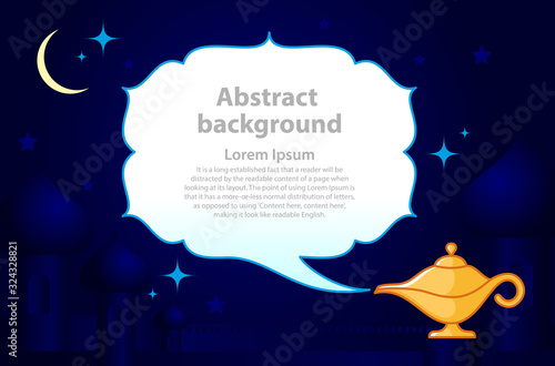 Magic genie lamp with smoke with place for text on a blue background. Dark background with arabic architecture elements. Vector illustration