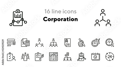 Corporation line icon set. Employees, flowchart, conference, time. Business concept. Can be used for topics like management, project, startup
