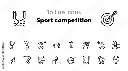 Sport competition line icon set. Set of line icons on white background. Target, arrow, pool. Winning concept. Vector illustration can be used for topics like sport, Olympic games