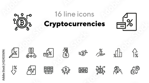 Cryptocurrencies line icon set. Set of line icons on white background. Investment concept. Bitcoin, mining, blockchain. Vector illustration can be used for topics like economy, finance, mining