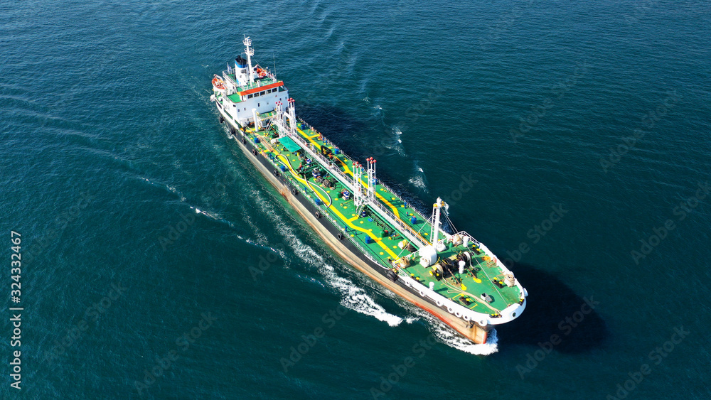 Aerial drone photo of petrochemical tanker ship cruising Mediterranean open sea