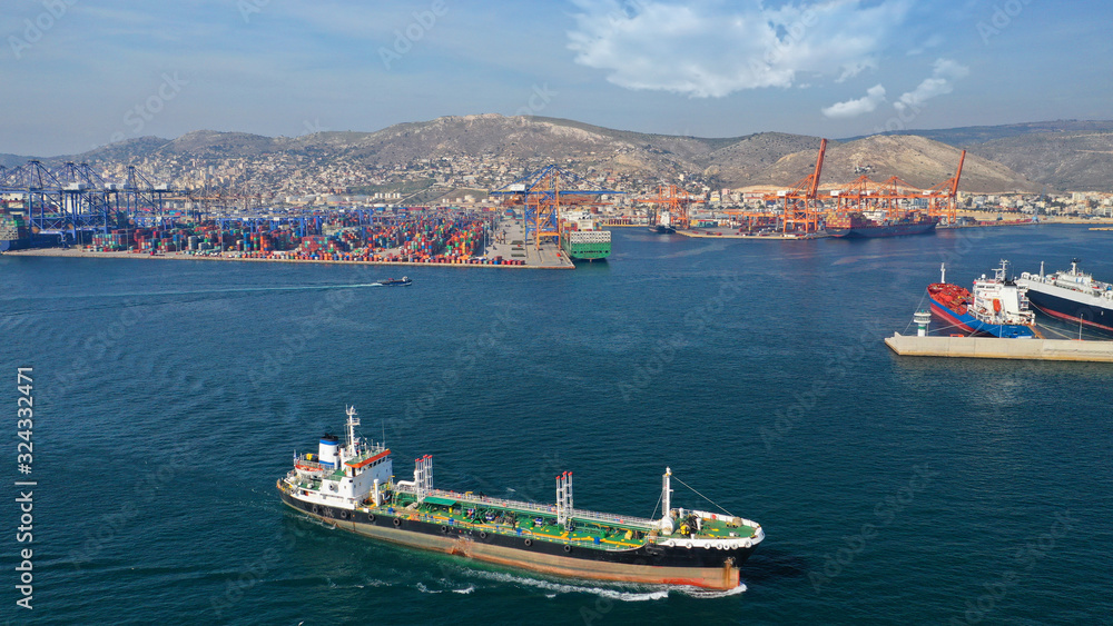 Aerial drone photo of petrochemical tanker ship cruising Mediterranean open sea