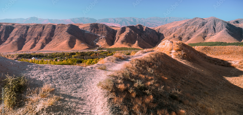 Ταπετσαρία Panoramic view to the  valley within the Kopet Dag Mountains in background