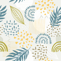 Gordijnen Tropische bladerprint patronen Seamless exotic pattern with tropical plants and gold elements. Vector  © Tolchik