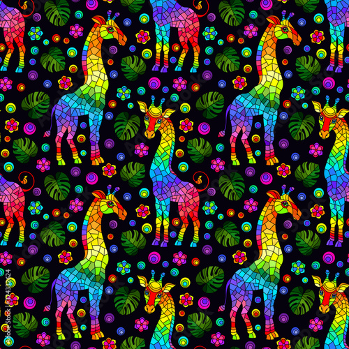Seamless pattern with giraffs  bright rainbow animals  flowers and leaves on a dark background