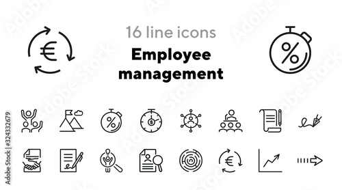 Employee management icons. Set of line icons. Signing document, stop watch, success sign. Workflow concept. Vector illustration for topics like business process,everyday routine, office life