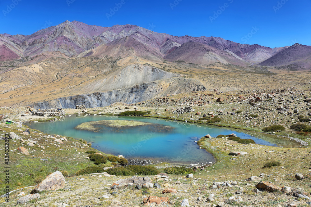 Turquoise lake along Markha valley trek, Ladakh, India