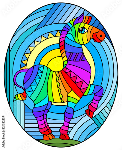 Illustration in stained glass style with abstract geometric rainbow Zebra, oval image