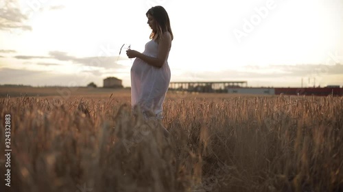 Stock footage of an attractive pregnant woman in white summer dress running in the gold field of rye in bright sunlight in the evening.