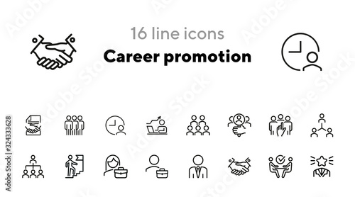 Career promotion line icon set. Candidate, selection, interview. Human resource concept. Can be used for topics like employment, corporate hierarchy, recruitment
