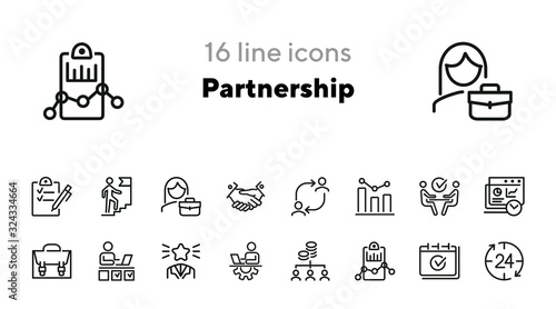 Partnership line icon set. Handshake, meeting, briefcase. Business concept. Can be used for topics like cooperation, teamwork, working on project