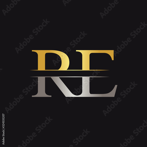 Abstract Letter RE Logo Design Vector Template. Creative Gold and Silver Colors RE Letter Logo Design