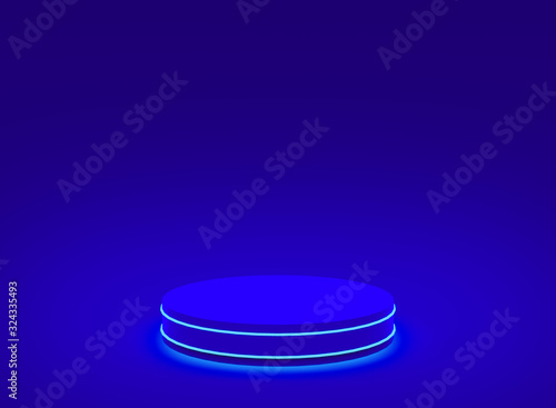 3d blue neon light cylinder podium minimal studio blue dark background. Abstract 3d geometric shape object illustration render. Display for technology product.