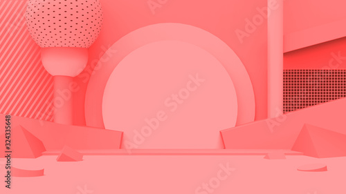 3d Living Coral color scene modern minimal design in studio background. Abstract 3d geometric shape object illustration render. Display for cosmetic perfume fashion product.
