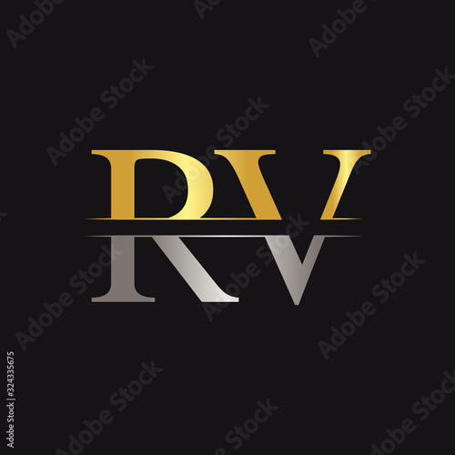 Abstract Letter RV Logo Design Vector Template. Creative Gold and Silver Colors RV Letter Logo Design