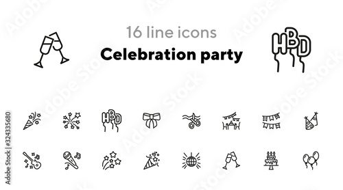 Celebration party line icon set. Ribbon cutting, cake with candles, cracker. Holiday concept. Can be used for topics like grand opening, birthday, show, event