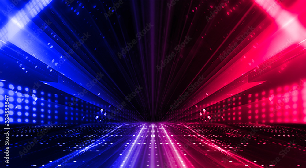 Obraz premium Dark abstract futuristic background. Neon lines glow. Neon lines, shapes. Pink-blue glow. Empty Stage Background