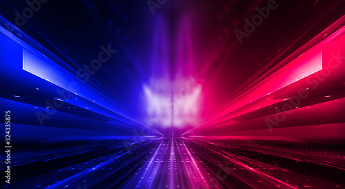 Dark abstract futuristic background. Neon lines glow. Neon lines, shapes. Pink-blue glow. Empty Stage Background