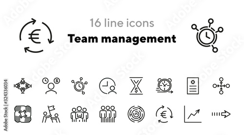 Team management icons. Set of line icons. Time is money, teamwork, time agility. Business concept. Vector illustration for topics like business process, finance, professional skill, career development