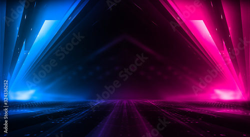 Dark abstract futuristic background. Neon lines glow. Neon lines, shapes. Pink-blue glow. Empty Stage Background