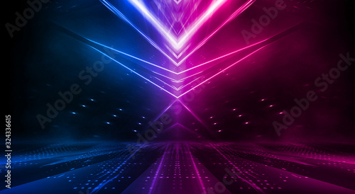 Dark abstract futuristic background. Neon lines glow. Neon lines, shapes. Pink-blue glow. Empty Stage Background