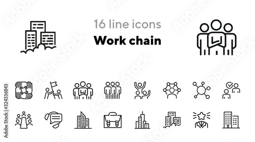 Work chain line icon set. Stack of hands, leadership, meeting, office building. Team concept. Can be used for topics like teamwork, unity, success
