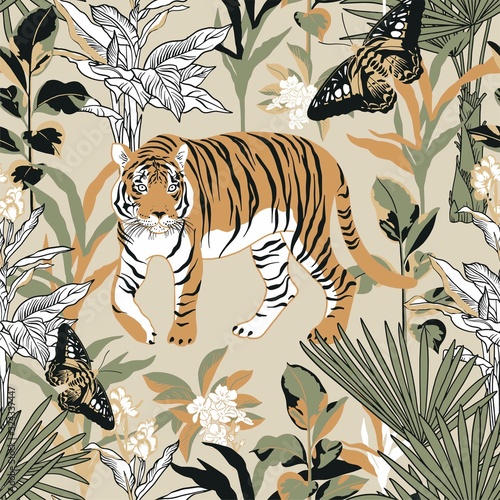 Seamless pattern with tiger in the tropics. Background with jungle, tiger and butterfly for surface design.