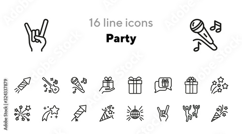 Party line icon set. Gift, firework, dancing, music. Entertainment concept. Can be used for topics like fun, holiday, celebration