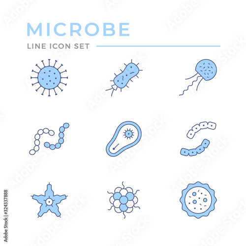 Set color line icons of microbe and bacterium