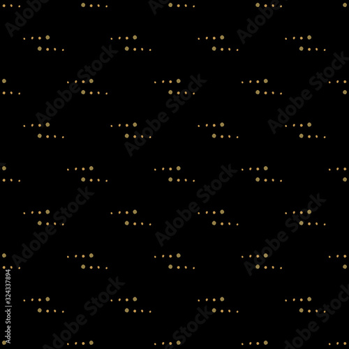 Seamless geometric parallel patterns. Yellow-gold dots of different sizes form paired stripes on a black background. Design for textiles, fabrics, wallpaper, packaging, banner, decoration, cards