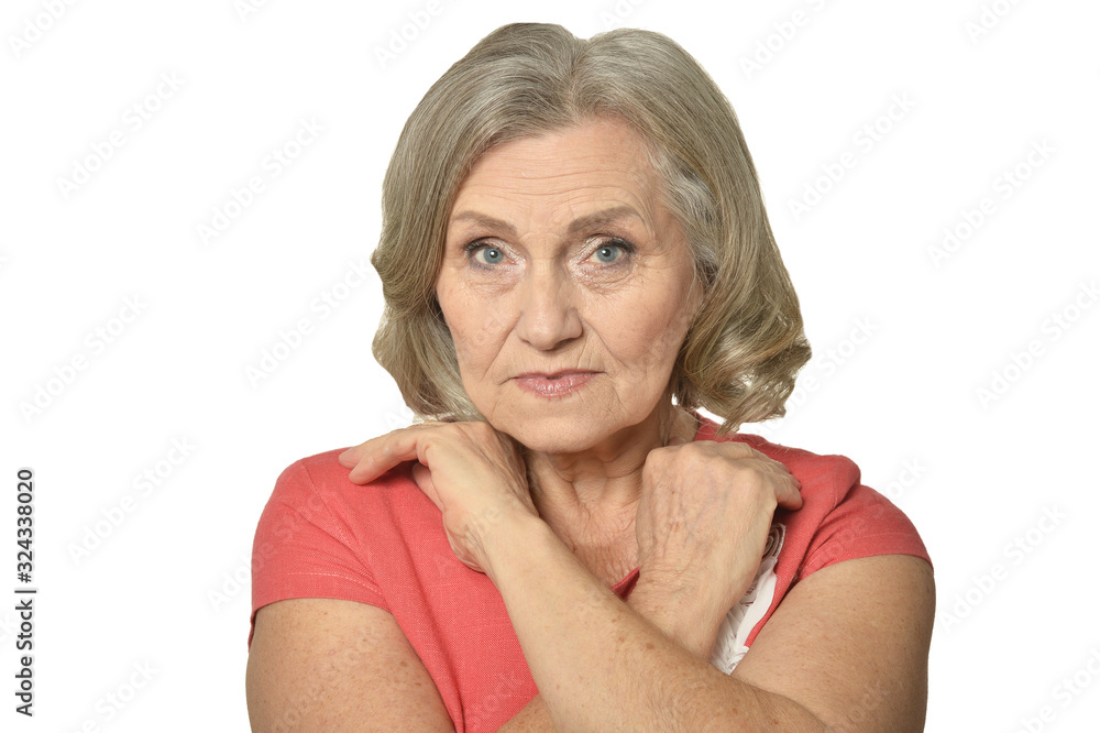 Happy senior woman posing against white background Happy senior woman posing against white background